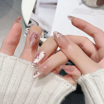 Qfdian 10Pcs Handmade Almond Press On Nails Flash Gradient Wear Pink Flower Design French False Nails Wearable Manicure Nail Tips